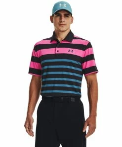 Under Armour Mens Playoff 3.0 Stripe Polo Black/Rebel Pink